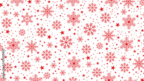 Seamless pattern red snowflakes vector background, dense holiday wrapping paper texture.