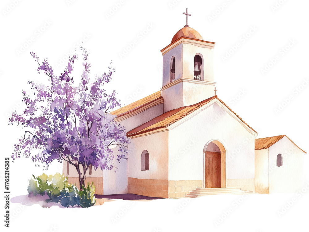 Obraz premium Charming watercolor illustration of small church with bell tower and cross, surrounded by blooming purple tree, evokes serene and peaceful atmosphere