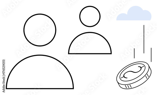 Two simplistic human figures appear as a falling coin symbolizes transaction, decision-making, or investment. Ideal for business, finance, teamwork, collaboration, economy, savings simplicity