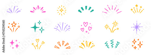 Star background confetti set. Hand drawn doodle star shapes and birthday confetti with cute sparkle, holiday twinkle brush elements, and glowing cartoon kid pattern. Vector illustration