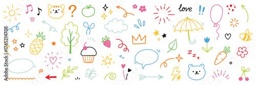 Line cute element set. Hand drawn scribble heart, arrow, flower and cloud elements for a cute line simple background. Doodle sketch heart, star, cloud cartoon sticker shapes. Vector illustration