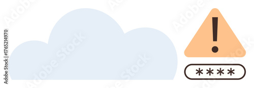 Cloud shape, warning triangle with exclamation mark, and password field highlight cybersecurity concerns. Ideal for cloud safety, data protection, online risk, privacy awareness, internet threats