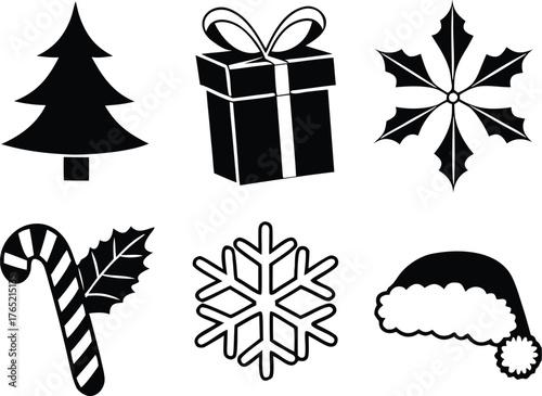 A minimalist black and white collection of Christmas icons including tree, gift, snowflake, candy cane, holly, and Santa hat.