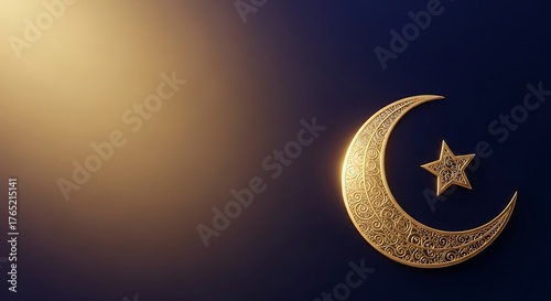 Elegant golden crescent moon and star adorn a deep blue background with subtle warm light illumination