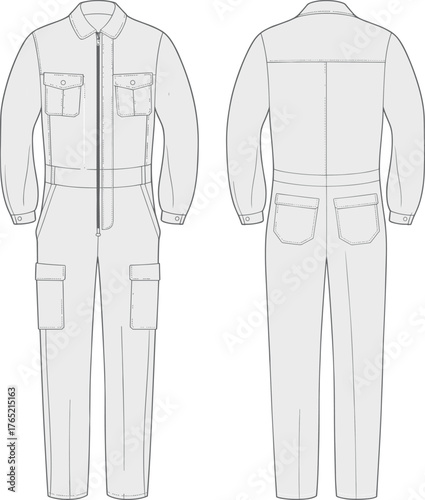 Jumpsuit technical sketch, front and back view, cargo pockets, collared neckline, zipper closure, fashion illustration, garment template, apparel design, clothing construction, workwear style
