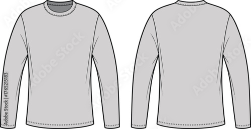 Long sleeve shirt, crew neck, front view, back view, light gray, fashion flat, garment construction, apparel template, basic design, stitching detail, clothing sketch, plain top