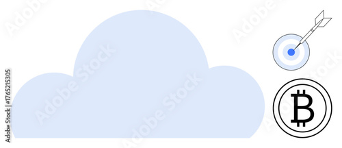 Cloud with target and cryptocurrency elements illustrates digital storage, fintech, data security, and precise goal focus. Ideal for technology, fintech, crypto, data, blockchain cloud-based