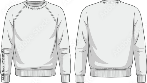 Plain crewneck sweatshirt front and back view, raglan sleeve design, ribbed cuffs and waistband, fashion apparel mockup, clothing template, casual wear illustration