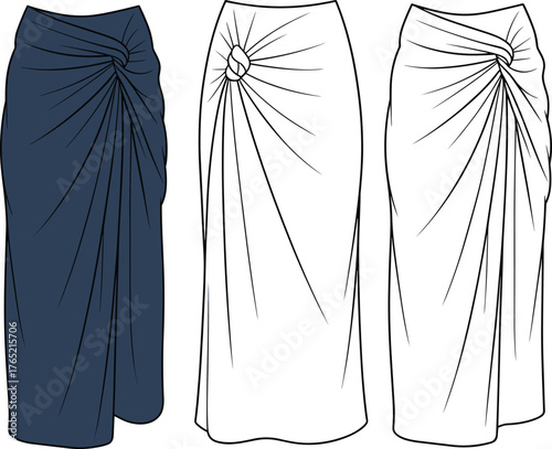 Draped skirt flat sketch, CAD drawing flat vector illustration, knot detail design, pleated draping, asymmetrical hem, fashion template, apparel silhouette, garment detail