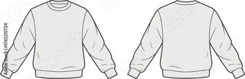 Sweatshirt flat sketch, front and back view, crew neck, ribbed cuffs, plain design, garment template, fashion illustration, apparel mockup, clothing construction, casual wear