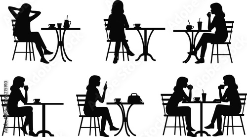 Women drinking coffee silhouette, café table poses, black figure illustration, social lifestyle concept, beverage gesture art, casual dining design