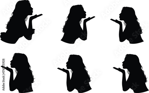 Woman blowing kiss silhouette, affectionate gesture illustration, romantic profile pose, black figure art, farewell emotion design, expressive female icon