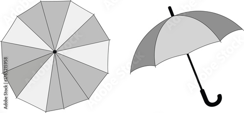 Umbrella illustration, top and side view, segmented canopy, curved handle, black and gray design, vector drawing, symmetrical structure, rain protection, graphic template