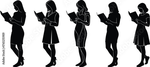 Women reading books silhouette, standing pose illustration, black figure art, educational lifestyle concept, literacy gesture design, learning activity icon