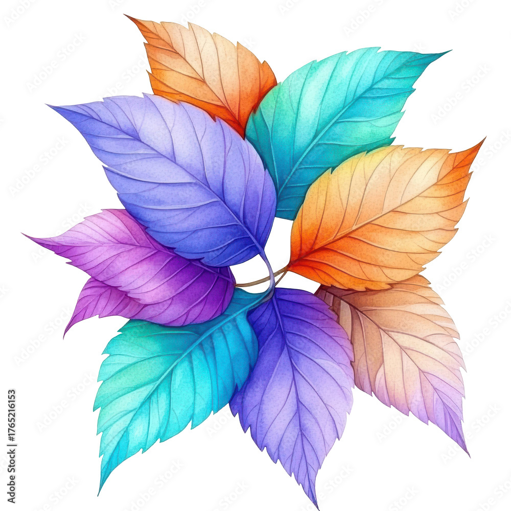 Obraz premium Vibrant Leaf: a cluster of radiant leaves radiating an array of warm and cool tones, symbolizing change, harmony, and renewal.
