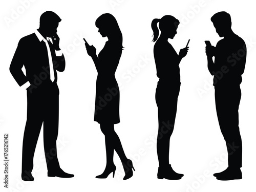 Business People Silhouettes Vector Set: Group on Smartphones, Digital Communication, and Addiction