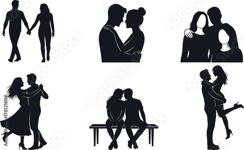 Romantic couple silhouette icons, love pose illustrations, black affection graphics, emotional relationship clipart, dancing, hugging, walking, sitting moments