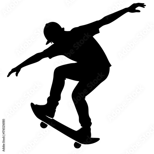 Silhouette of a skateboarder performing a trick with arms outstretched against a white background