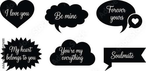 Romantic speech bubble illustration set, love quote icons, black and white emotional clipart, Valentine message graphic design elements