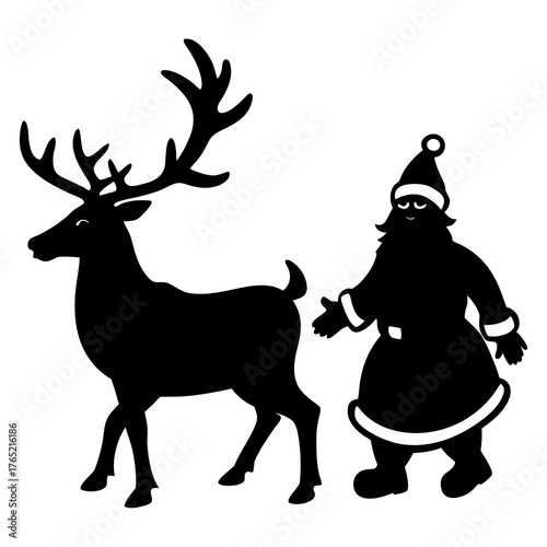 Black silhouette of santa claus and a reindeer standing together on a white background