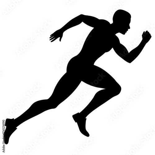 Dynamic black silhouette of a male athlete running at full speed with determined focus
