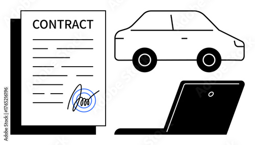 Signed contract alongside a car and a laptop. Ideal for business agreement, legal formality, vehicle leasing, digital documentation, e-signature, online workflow, and remote processing. Simplified