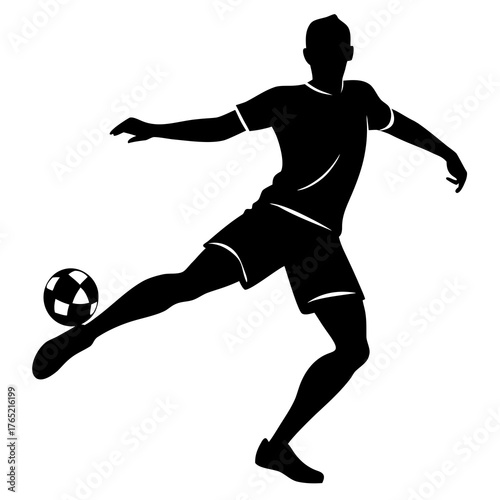 Black silhouette of a soccer player kicking a ball in a dynamic pose on a white background