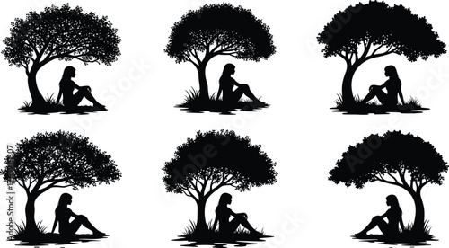 Person sitting under tree silhouette, nature contemplation pose, black figure illustration, peaceful outdoor design, solitude gesture art, relaxation concept