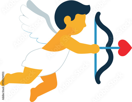 Flying Cupid illustration, love arrow clipart, romantic Valentine symbol, heart bow graphic, mythological child icon, affection design element set
