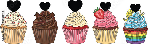 Colorful cupcake illustration, dessert vector art, sweet treat design, heart topper, frosting decoration, bakery clipart, festive food graphic