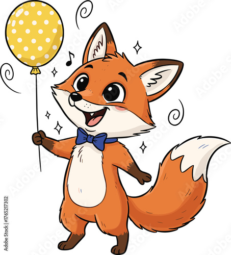 Cute Cartoon Fox with Bow Tie Holding a Yellow Polka Dot Balloon