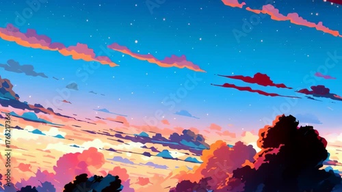 Vibrant Sunset Sky with Colorful Clouds Blending Shades of Pink, Orange, and Blue Creates Serene, Dreamy Atmosphere in Natures Beauty