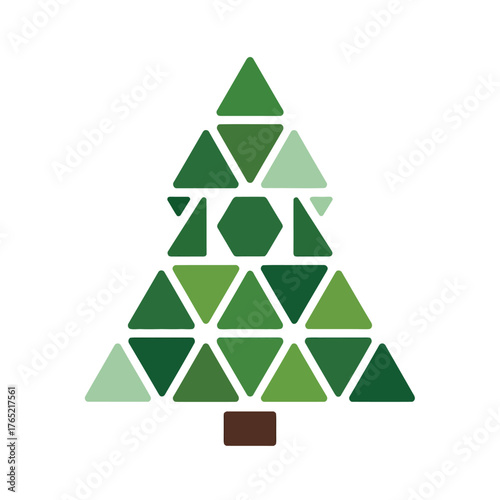 Geometric Christmas tree, mosaic triangle shapes, modern minimal design, green tones contrast, contemporary holiday icon, clean vector
