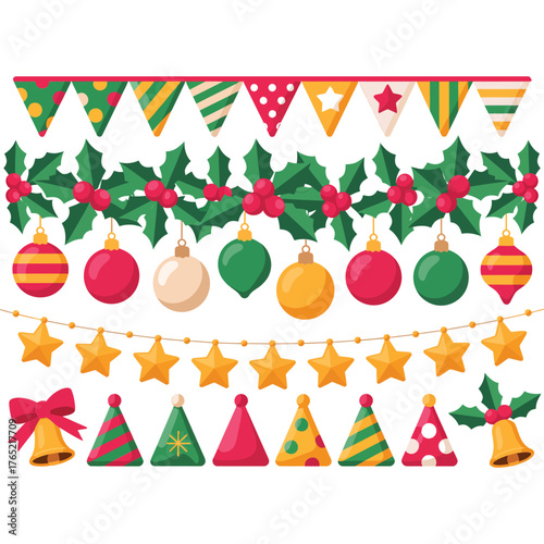 Holiday bunting collection, minimal pennants, evergreen leaves, round baubles, gleaming stars, tidy border rows, seasonal banner vector
