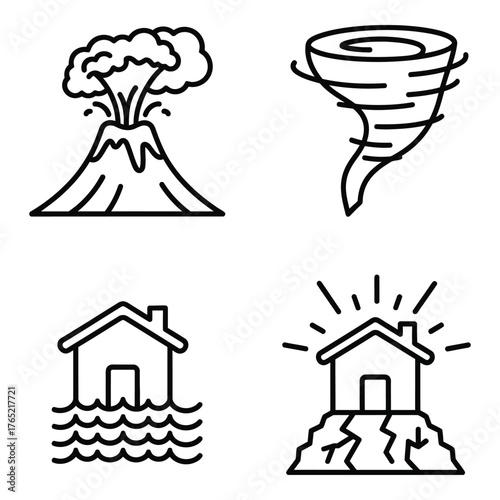 Outline vector icons of natural disasters and emergency situations