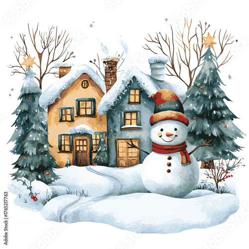 Christmas village scene with snowman, house and winter trees. Watercolor Christmas illustration isolated on white background.   , vector style simple color
