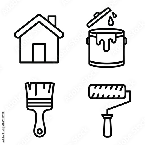 Outline vector icons of house paint brush paint can and roller