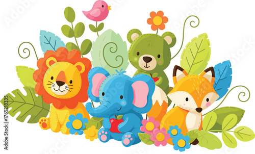 Cute Stitched Plush Safari and Forest Animals Vector Illustration