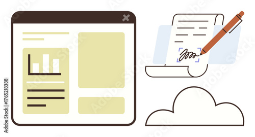 Browser window showing data reports, document with digital signature pen, and cloud icon. Ideal for business, productivity, workflow, document management, remote work technology innovation. Simple