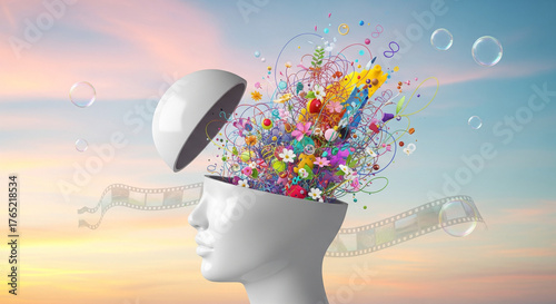 Open mind bursting with creativity and imagination—surreal 3D head with colorful ideas, flowers, bubbles and film strip rising into the sky, a vibrant symbol of inspiration, brainstorm and innovation