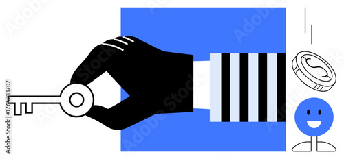 Hand holding key next to coin and smiling figure, representing financial opportunity, access, success, leadership, investment, empowerment, and growth. Ideal for simple flat metaphor