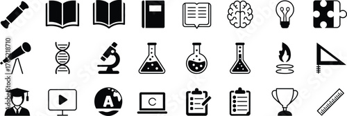 Education glyph icon bundle including atom flask DNA laptop microscope telescope and clipboard – black vector pictogram set for academic presentation study app and scientific illustration