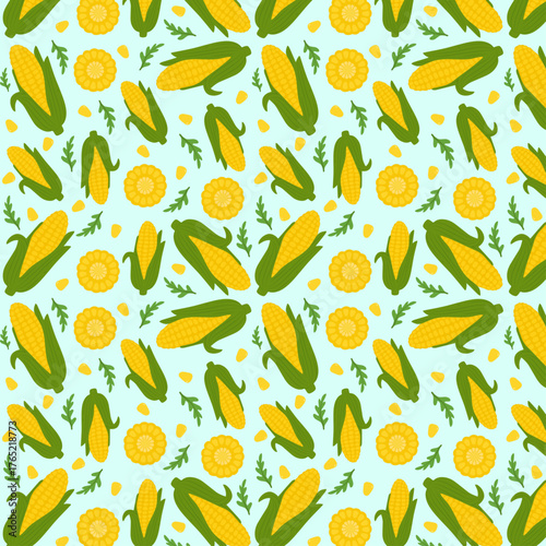 Corn Seamless Pattern with Whole Cobs, Kernels, and Leaves on Light Background