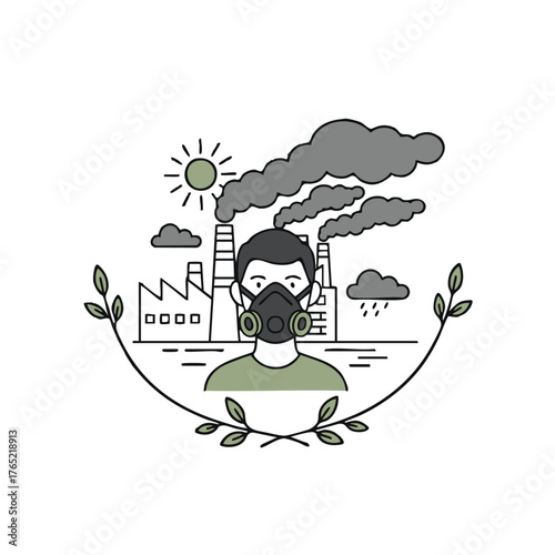 Air pollution scene with masked man and factory smoke