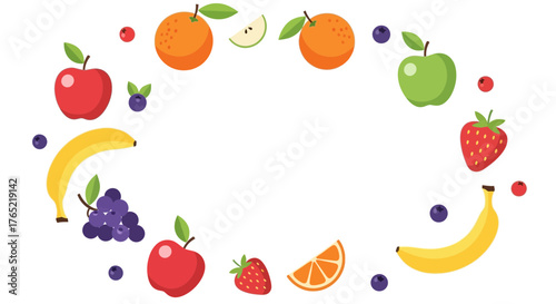 Vibrant and fresh fruit border frame with apples, oranges, bananas, strawberries, blueberries, and grapes, perfect for healthy eating promotions