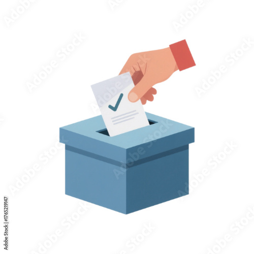 A hand is dropping a ballot with a checkmark into a blue ballot box during an election.