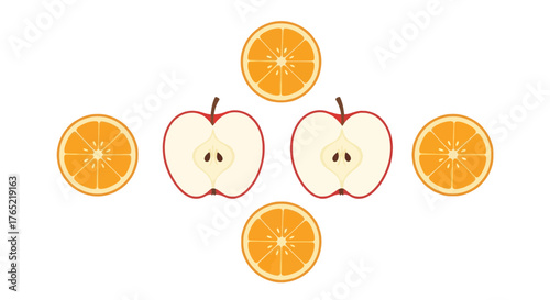 Juicy sliced apples and bright oranges artfully arranged, perfect for health, food, and vibrant design projects