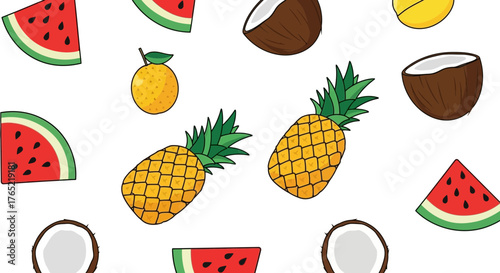 Vibrant tropical fruit collage featuring pineapples, watermelons, coconuts, and oranges, perfect for summer and healthy eating themes.