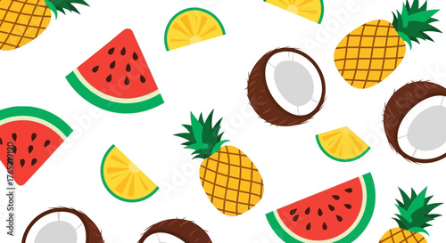 Vibrant tropical fruit medley featuring pineapple slices watermelon wedges and coconut halves creating a refreshing summer vibe