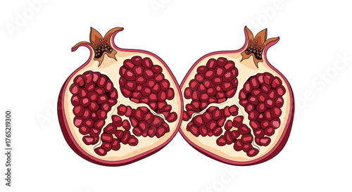 Vibrant ruby red pomegranate halves bursting with juicy arils, a fresh and healthy fruit for vibrant recipes and wellness.